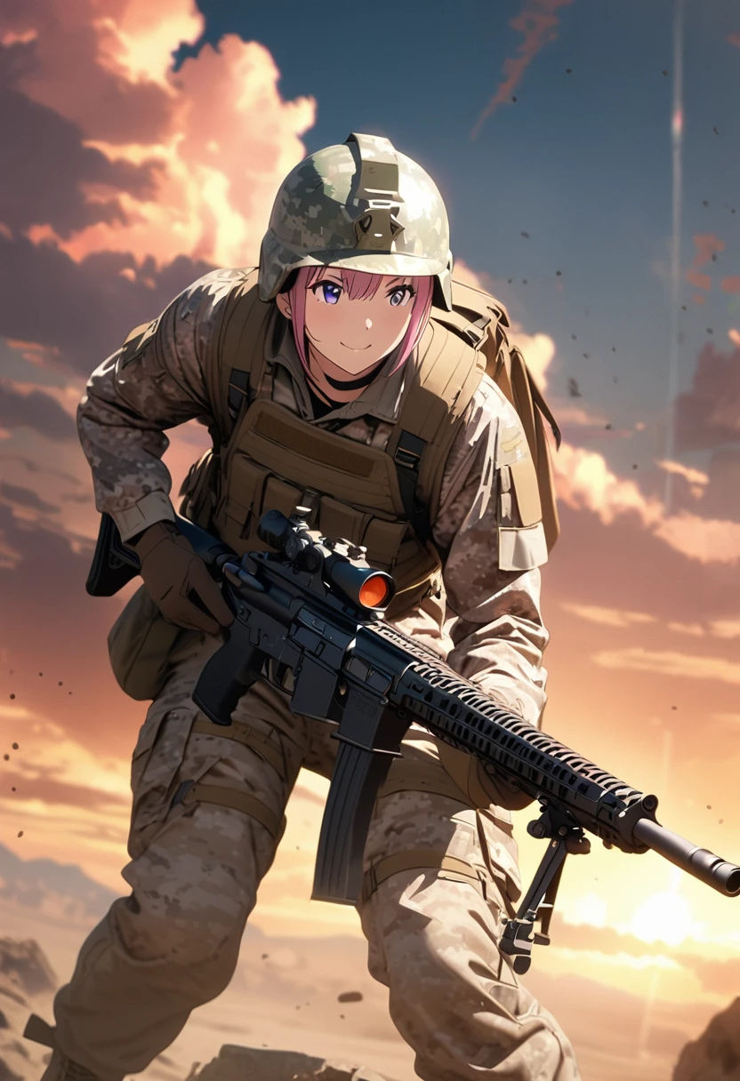 (Highest quality, 4K, 8k, High resolution, masterpiece:1.2), Very detailed, Picturesque, Anime-style photos, Photo animation:1.37)、Japanese、(Pink Hair)、(Pixie Cut)、smile、trench、Black choker、White camouflage jacket、White camouflage long pants 、White camouflage helmet、Lace-up boots、Assault rifle、Full body photo、Nakano Ichika