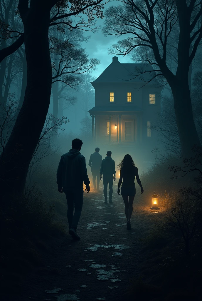 put several people who seem to be looking for someone in a forest with a house very dark at night with lanterns