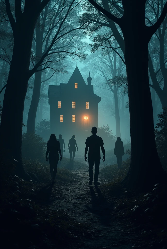 put several people who seem to be looking for someone in a forest with a house very dark at night with lanterns 