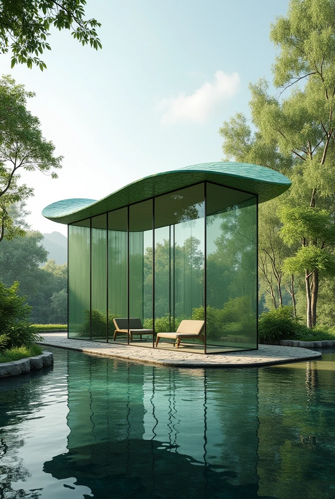 Rectangular pavilion with leaf-shaped roof, and built with recycled plastic, and glass on the sides of the facades