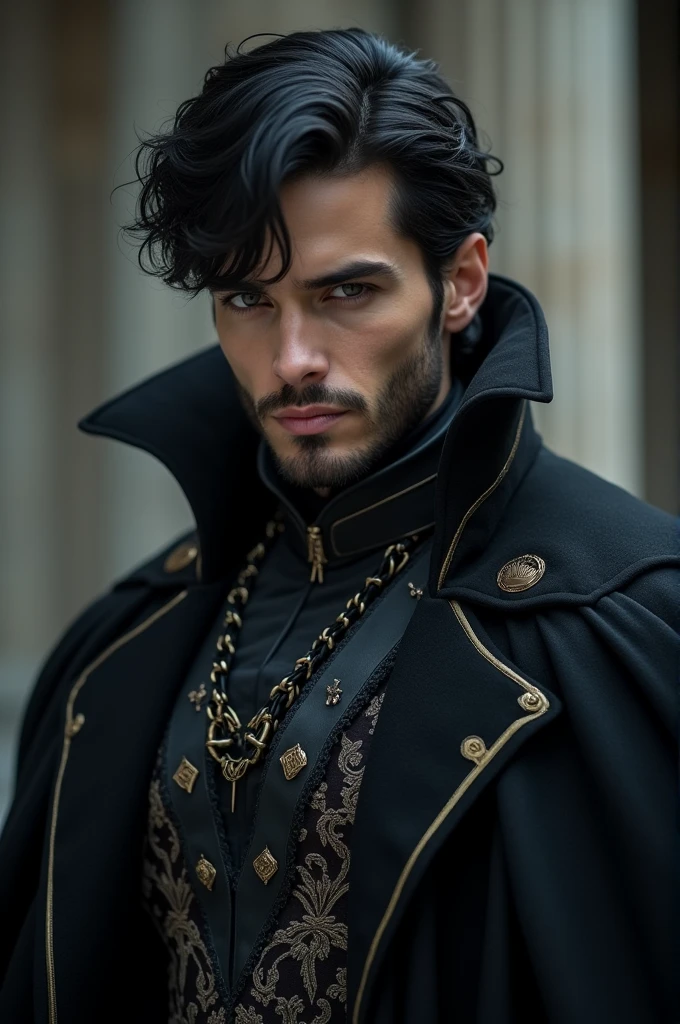 a 23-year-old, ruthless prince with sleek black hair. He should have a commanding, intense presence, reflecting his cruel nature. His attire should be regal and dark, adding to his imposing and seductive aura