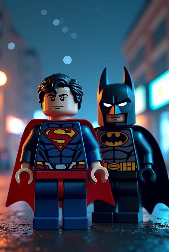 Superman and Batman in Lego art, at night.