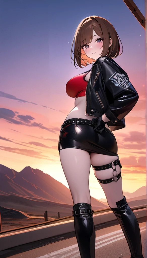 (1 person),(Best image quality, 8k, masterpiece:1.3),((Brown hair bob cut:1.1)),(Swept-apart bangs,Braiding), (Cute eyes, Dark Eyes), (Mole under right eye), (Standard weight), (Large Breasts),(Big Hips), (Glowing Skin:1.1),(Pale skin:1.2),(A fantastic atmosphere),(look up),Ultra-high resolution, Textured skin, Sparkle Effect, Low - Angle,
Black Riders Jacket,Black Mini Skirt,Black leather gloves,Black Leather Boots,Black tights,Leg belt,Leg Ring,
Red sports bra,Red lace panties,Panty shot,
Harleyダビッドソン, Desert Landscape, Rocky Mountain,Rough road,evening,Sunset, Biker gang, A defiant smile,Big motorcycle,Harley,
Rear view,Show me your ass,Butt crack,