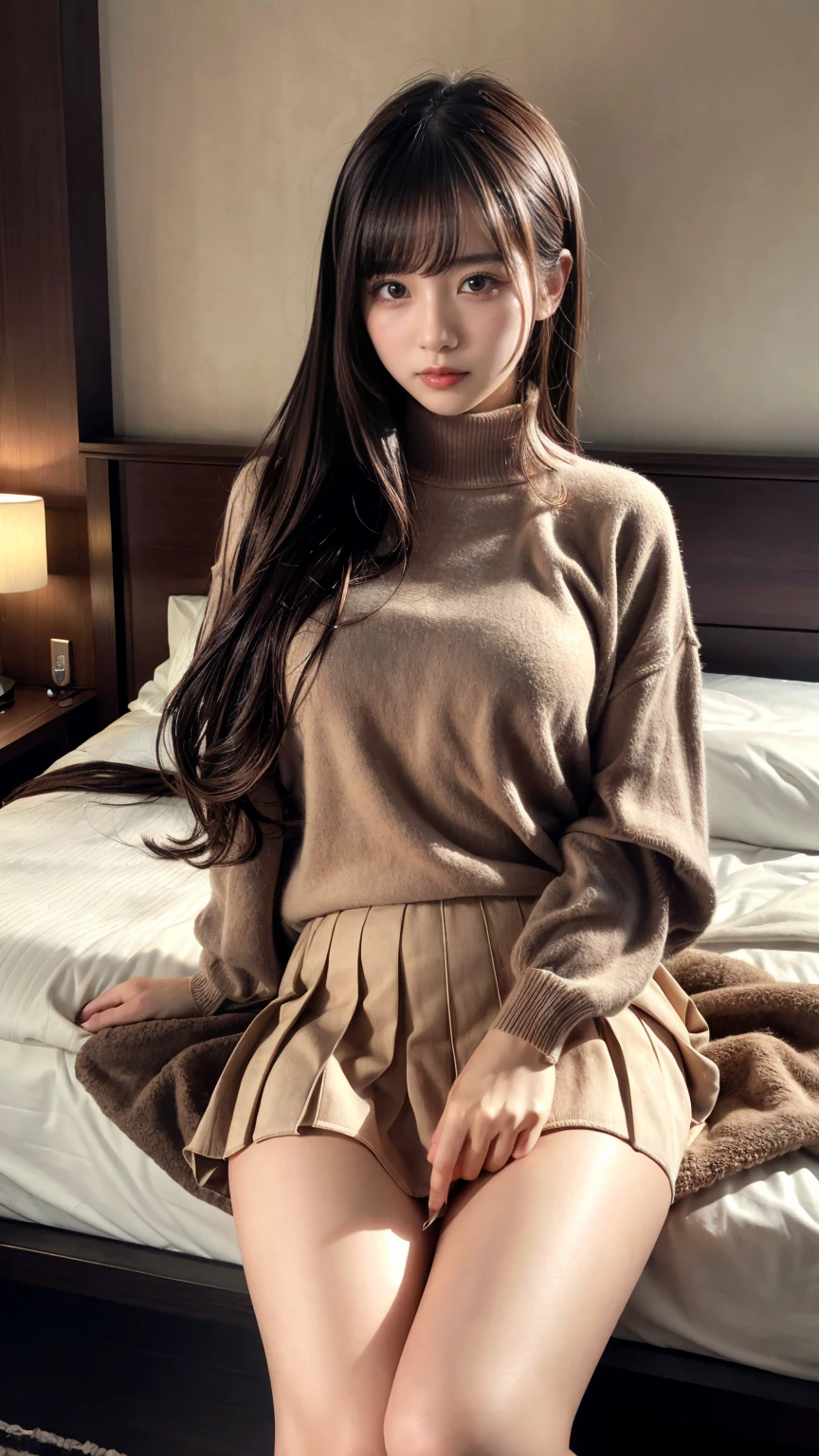 masterpiece, best quality, illustration, Super detailed, fine details, High resolution, 8K,wall paper, perfect dynamic composition,(Details High quality, realistic depiction of eyes:1.3),(Fleece jacket, turtleneck sweater, pleated skirt:1.2), long straight hair, black hair color, Big Natural Color Lip, crying a little、Harajuku style、20 year old girl、cute type、lolita、beautiful legs, hotel room, Gravure Idol, Voluptuous thighs