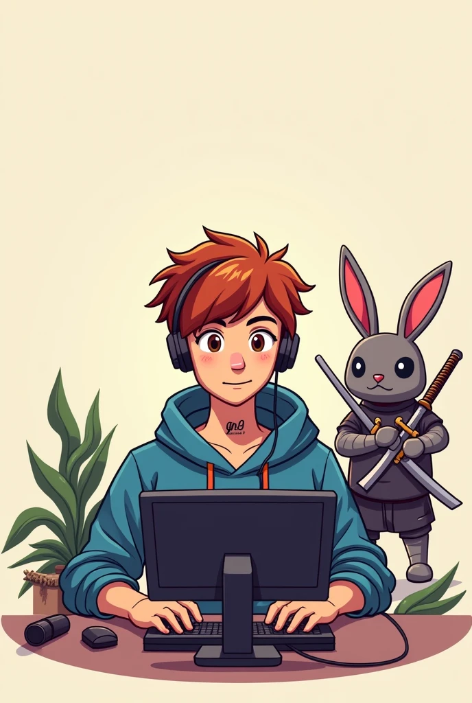 A game guy doing live on the computer, offwhite, chestnut hair, nose a little big, no beard, Youngh, appearance of with 1 small and unique tattoo on the neck written " GN9 ", and with a ninja rabbit holding two swords by his side as his pet. make cartoon style