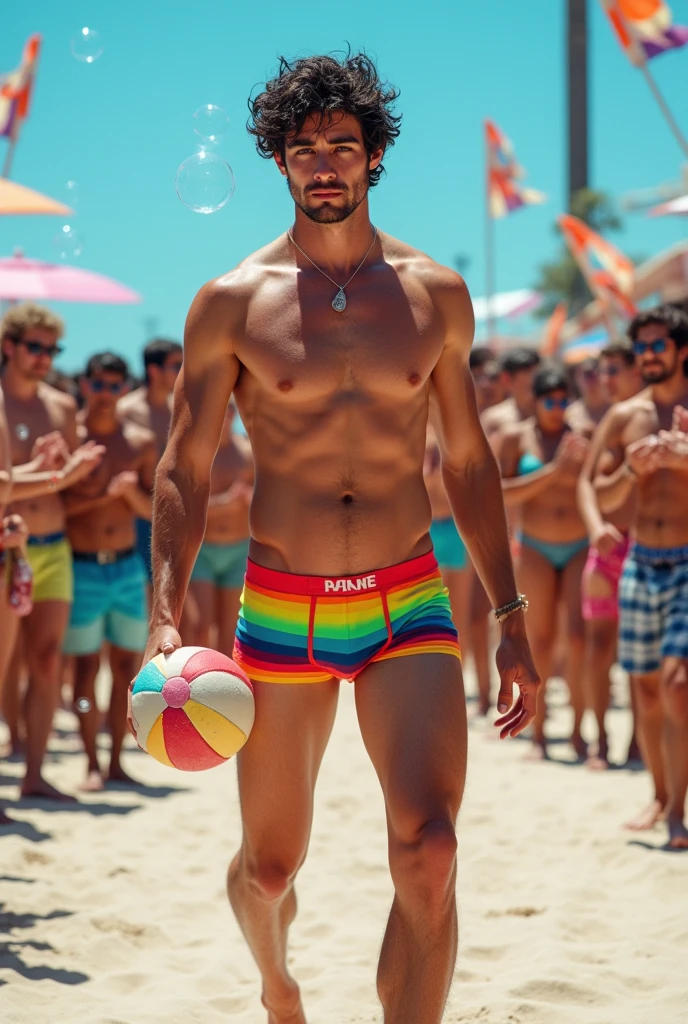 A handsome 27-year-old tall white young man in a men's fashion show on the beach shore wearing a de arco iris swimsuit with a beach ball in his hand. Many people applaud him and bubbles are around him. Tight boxer shorts in the color arco iris flag. Unshaved, white, tall with black hair flaquito