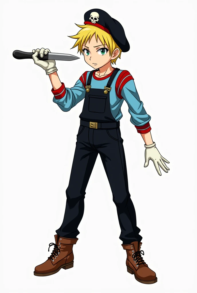 (Manga Type Drawing) Man Wearing black overalls, a sky blue long-sleeved shirt with red stripes, white gloves, brown boots, yellow and gold hair, a beret with a skull in the center, holding a knife with his right hand and extending his left hand ,perfect,young