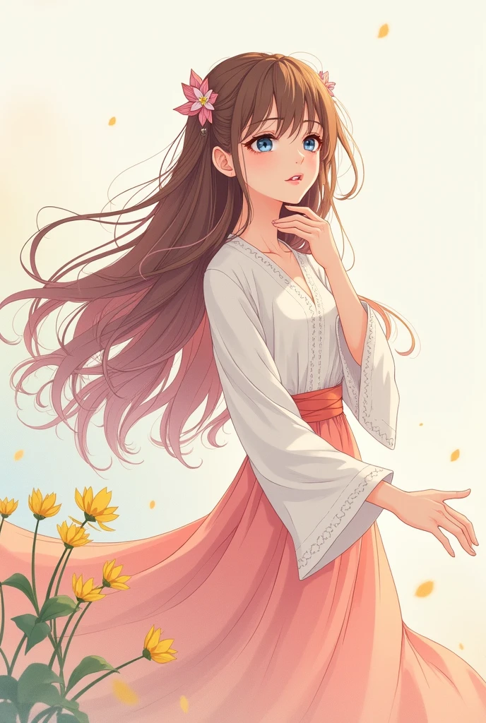 2D, Pastel colors, watercolor, Low color saturation,
Line Art, ((Inspired by Andreas Rocha)), 
1 Girl, Solitary, Long brown pink red hair, Hair accessories, Long sleeve, skirt, Keep, blue eyes, Shut up, Upper Body, Weaving, Artist Name, Pattern, Wide sleeves, , plant, yellow 花, manga cartoon style, base drawing, lineart, dynamic pose, full figure, simple figure drawing, illustration, perspective foreshortening
 