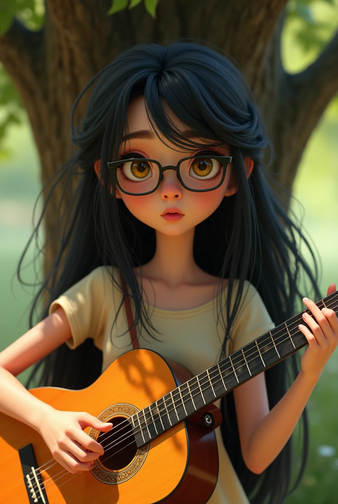 In front of a tree playing guitar ,The character has long, straight, messy, dark hair, and she wears glasses., bright yellow eyes, snow-white skin, a perfect and delicate face, she is very beautiful and is 25 years old, make the image in the Pixar style Disney, in 9:16 format.