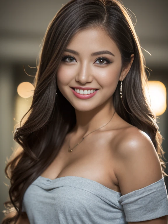 (Highest quality,10,10,High resolution,masterpiece:1.2),Very detailed,Realistic:1.37,Professional,19 year old girl with long hair, Flowing hair and a metallic grey strapless shirt, And wear the salon., Symmetrical shape,Vibrant colors,Bokeh,Studio Light,Portraiture, 1 person、smile