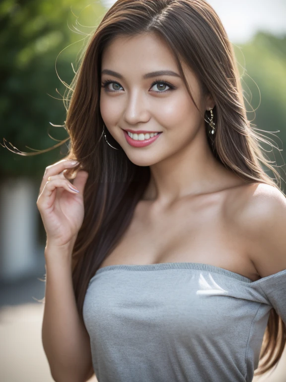 (Highest quality,10,10,High resolution,masterpiece:1.2),Very detailed,Realistic:1.37,Professional,19 year old girl with long hair, Flowing hair and a metallic grey strapless shirt, And wear the salon., Symmetrical shape,Vibrant colors,Bokeh,Studio Light,Portraiture, 1 person、smile