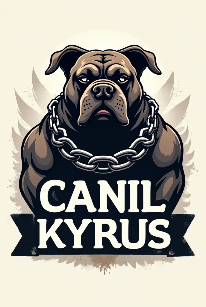 Make a logo image with a rough adult American Bully with some chains with the name Canil Kyrus