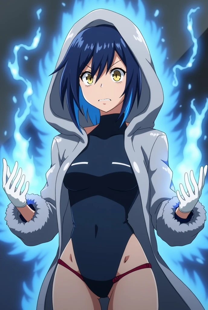 Screenshot of my hero academy, Girl with navy blue hair and lighter blue streaks, yellow eyes, Light skin and a slightly confused, frowning expression. While wearing a dark suit that covers his torso and even above his thighs,Her suit leaves her chest uncovered. (Your suit at the bottom is like a thong type) While wearing a furry grey coat, He wears the hood of his coat over his head.,He is wearing dark wide trousers, And some white gloves, While around it there are some blue rays, And blue rays also come out of his hands.