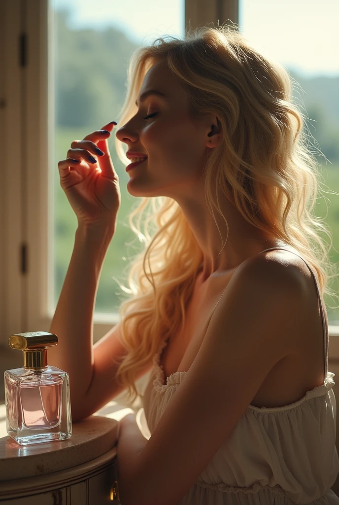 Blonde smells her wrist, smelling the perfume. without looking at the viewer. eyes locked. drlight smile. Close. boudoir. Bottle of lavender perfume on the dressing table . Provence. haze. 超detailded.  Provence. Foggy . High grain film. retro photography, David Hamilton Style. Analog photography. grainy. nymph.