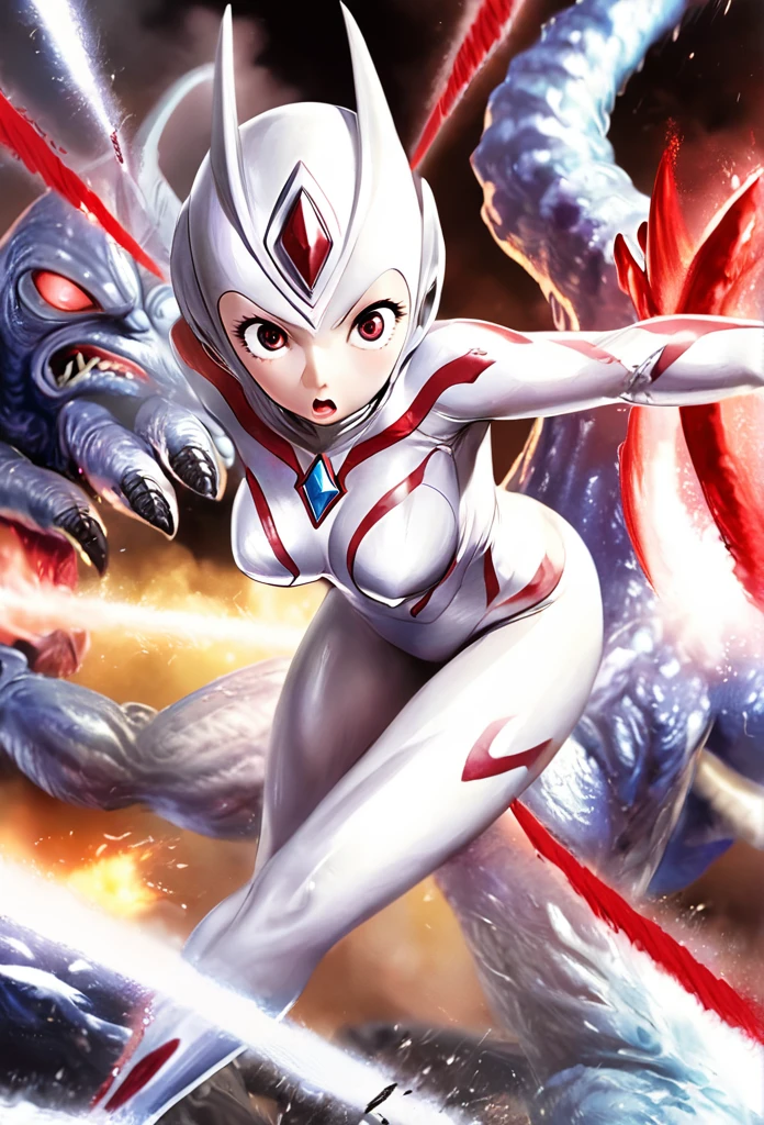 An alien with a silver body and red lines､Female Ultraman、Large milky white eyes、Monster fighting action！