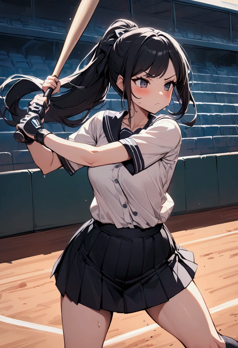 {{Baseball bat-swing:1.8}}.Animated image of a player swinging a baseball bat at a ball,{{action}},{{Baseball bat-swing, skirt flips up, glimpse of black shorts:1.8}},striking out swinging,Black shorts in skirt,Cartoonish ,Line of effect,JK,1girl, solo, athlete body,{{swing a baseball bat:1.8}},Baseball bat,swing,twist,Rotation and twisting of the body,{{masterpiece}}, {{{Highest quality}}},{{Very detailed}},cowboy shot, dutch angle,Dynamic composition, A high school girl is swinging and missing at a batting cage,school uniform,mini skirt,Short sleeve blouse clavicle Knee-high socks Speed Line Motion Lines ,Batting Center,Bat,Sweat,Bad mood, be flustered,frustrating,{{v-shaped eyebrows}},Bad mood,blush,Sweat,raise one's eyebrows ,Black Hair,batting glove,Indoor batting center,sidelong glance,Black Skirt,Long Hair,ponytail,Black shorts,Above the baseball batter's box