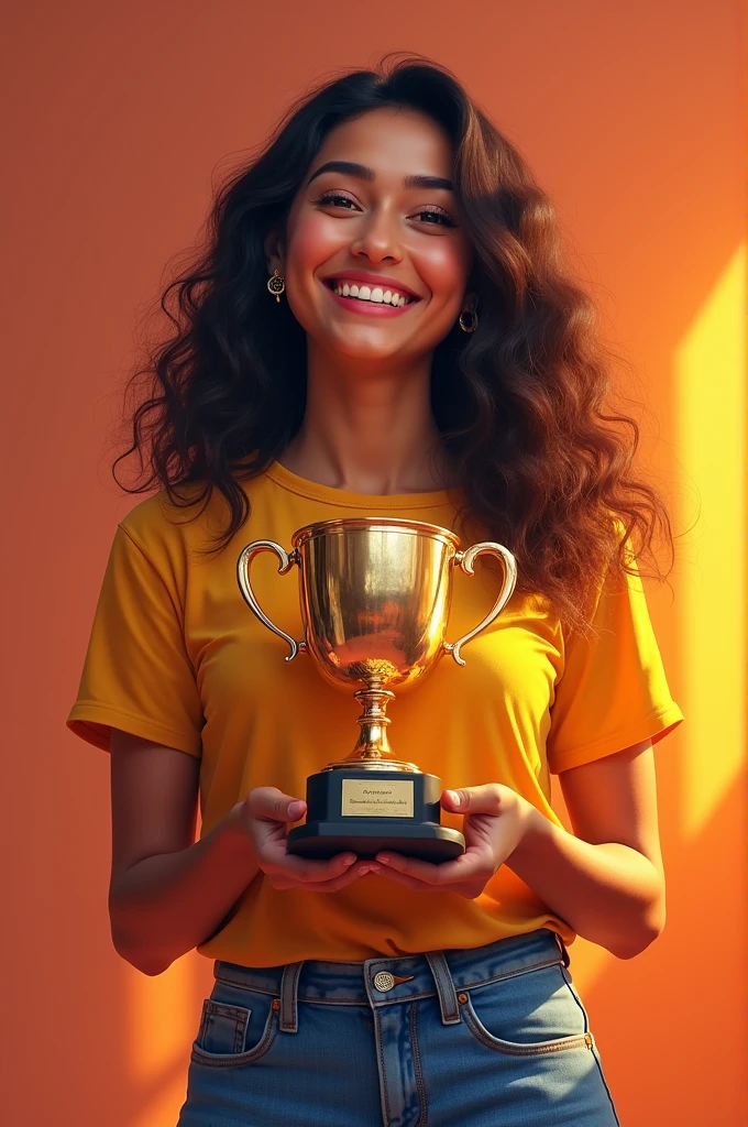 Background: Radha holding a trophy, her face beaming with joy.Text on screen: "She won the competition and got the chance to learn music."