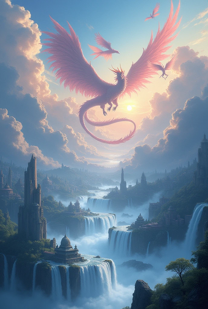 Imagine a Image for divine realm,The outside world was endless, The faintly colored clouds are full of immortal spirits and endless territory, making this divine world look like a pure land of bliss. a beautiful place. There are not only land, but also urban suspensions in the sky, and even rivers pouring down from the sky and turning into huge waterfalls,All kinds of birds and beasts soar in the air, exuding a powerful breath,In particular, the dragon clan, which flies in the air, is huge, but all other kinds of mythical beasts can coexist peacefully, completely presenting a peaceful scene.