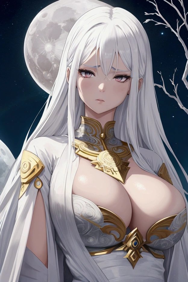 White hair, divine aura branch. goddess of the moon, serious face, breasts on display, large bust