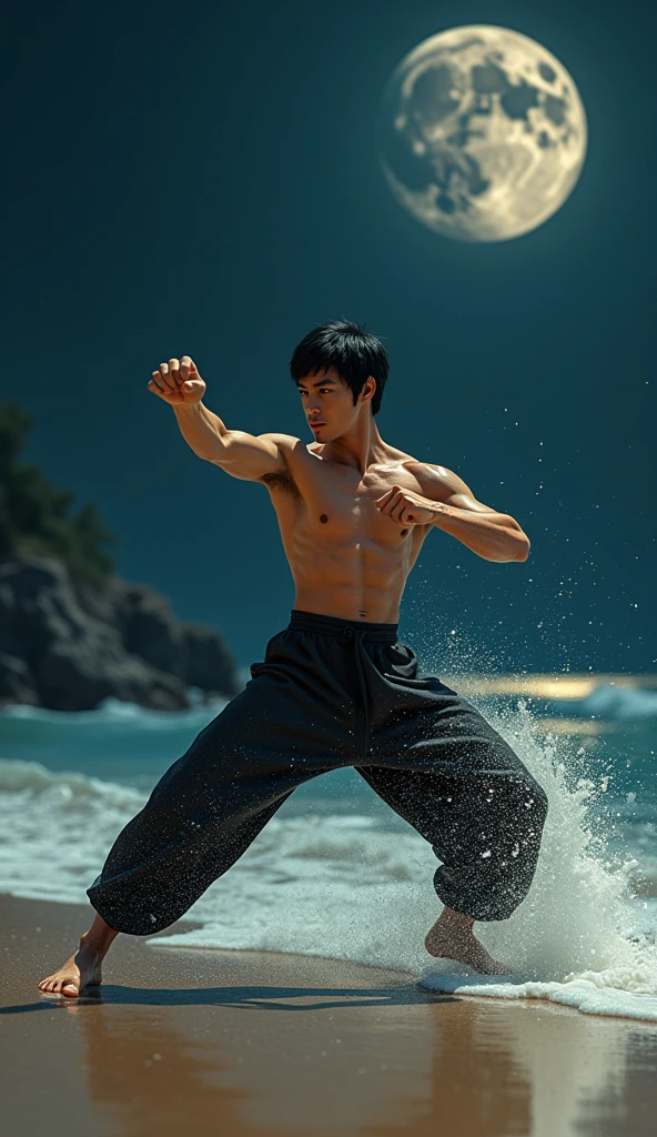 Bruce Lee training fighting on a beach at night