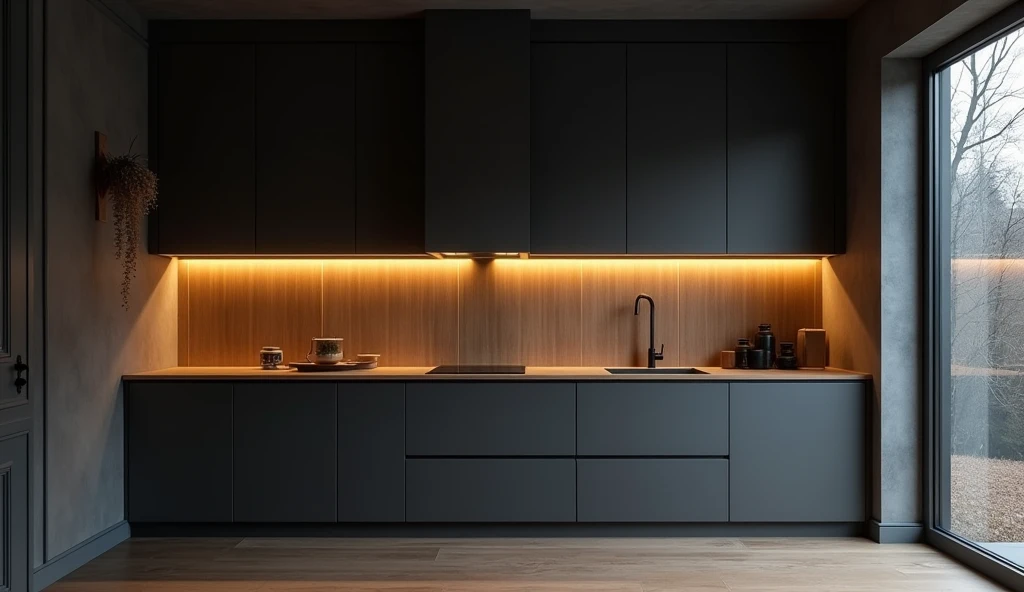 photo. Built-in designer kitchen in dark gray tones with wooden countertop. Dim yellow light. Ambient fog. Vignette. Light temperature 1500 Kelvin.