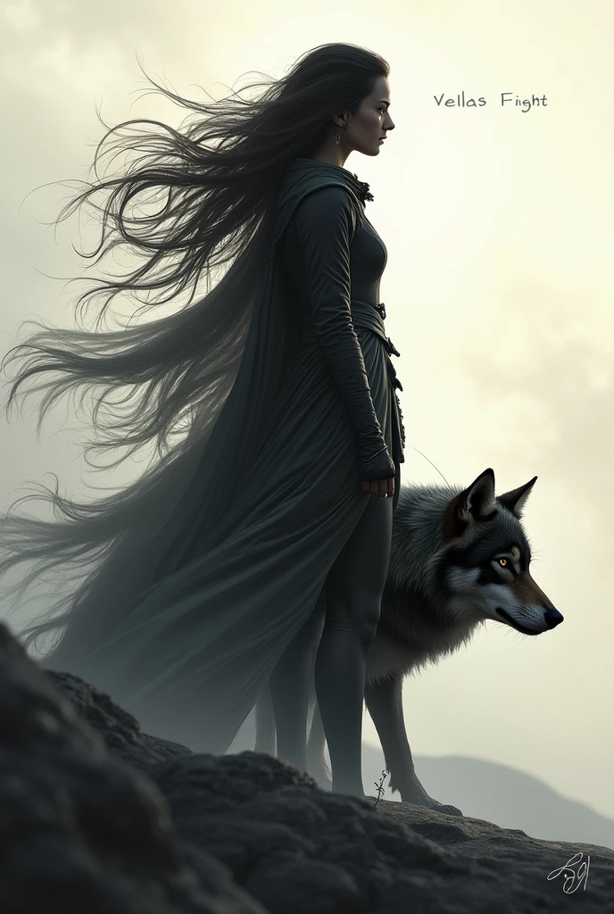Create an image of a woman with a wolf, the two of them standing in profile with the girl's hair in the wind and the wolf resting on her neck with the name Delas fight, Centered on image