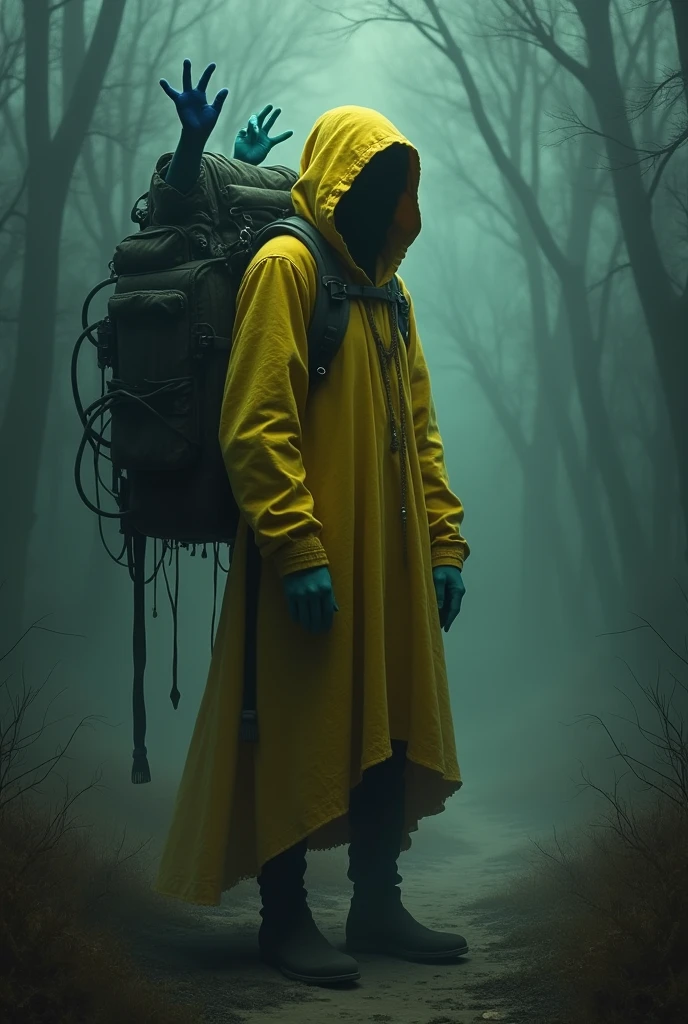 Dark fantasy A man in yellow with no face and a grabpack with two arms with hands, one blue hand and one green hand