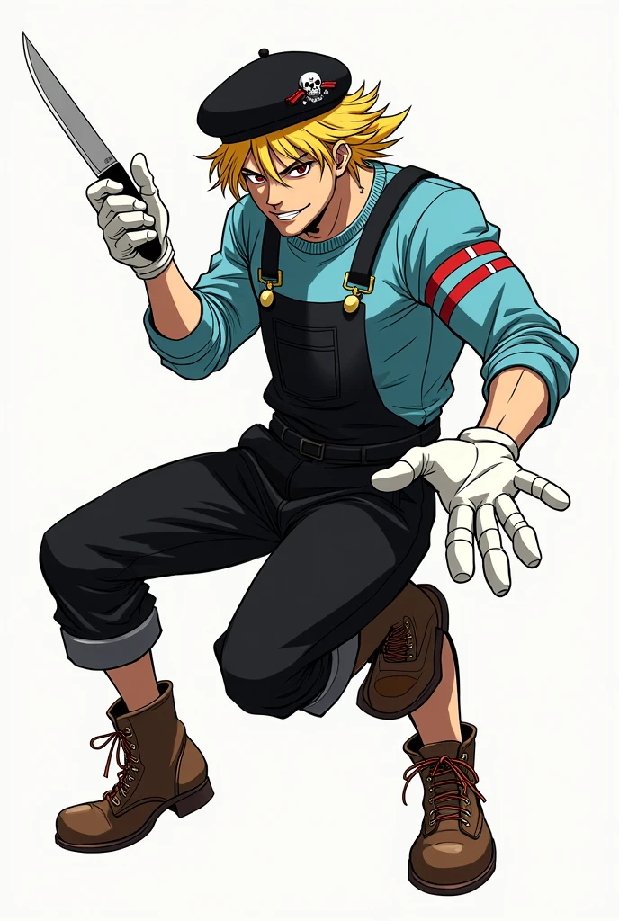 (Manga Type Drawing) Man Wearing black overalls, a sky blue long-sleeved shirt with red stripes, white gloves, brown boots, yellow and gold hair, a beret with a skull in the center, holding a knife with his right hand and extending his left hand ,perfect