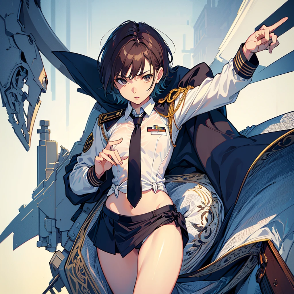 masterpiece, official art, best quality, textile shading, (Perfect Anatomy:1.5), highest quality, 1lady , slender, leggy, (((small breasts))), Seductive, pensive, looking afar, brown hair, short hair, (wear a white long sleeved shirt, tie, navy officer jacket:1.5), white bikini panties , barefoot, Perfect hands, Perfect body, reclining, lying on a sofa, raised legs ,legs up, bending knees, ((Exquisite detail)), Very finely crafted fingers(((10 fingers))), (full body showcase), (Show your whole body), (no background), (No logo) , high resolution, parted lips, belly button , foot up, arms up, from above, bear up, foot focus