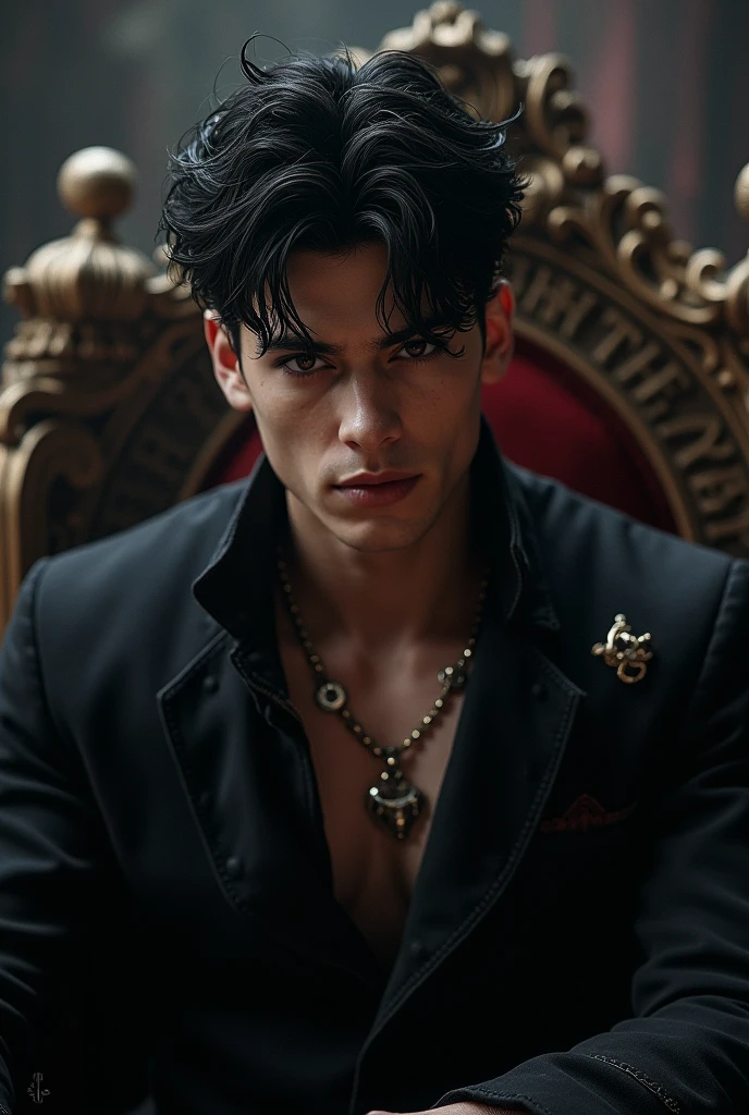 a 20-year-old, ruthless prince with short black hair. He should have a commanding, intense presence, reflecting his cruel nature. His attire should be regal and dark, adding to his imposing and seductive aura