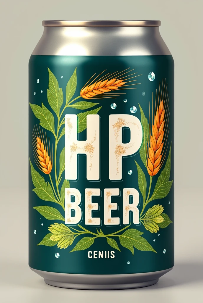 Beer label with name HP BEER with branches of barley and hops and drops of water written on a can