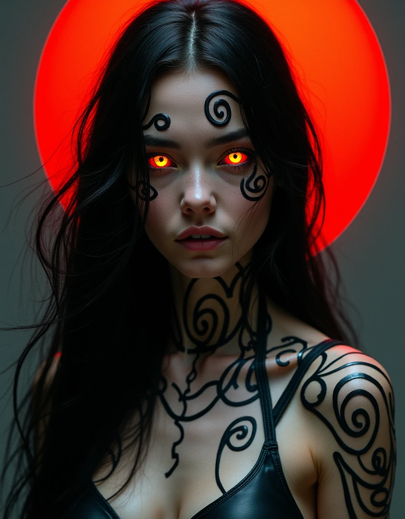 An eye-level portrait of a dark-haired woman with long black hair, her eyes are glowing a vibrant orange. Her face is adorned with black swirls, adding a pop of color to her body. The woman's upper body is covered in a black and white patterned design, while her arms and shoulders are adorned with a black design. The background is a dark gray, with a red circle in the upper left corner of the frame. 