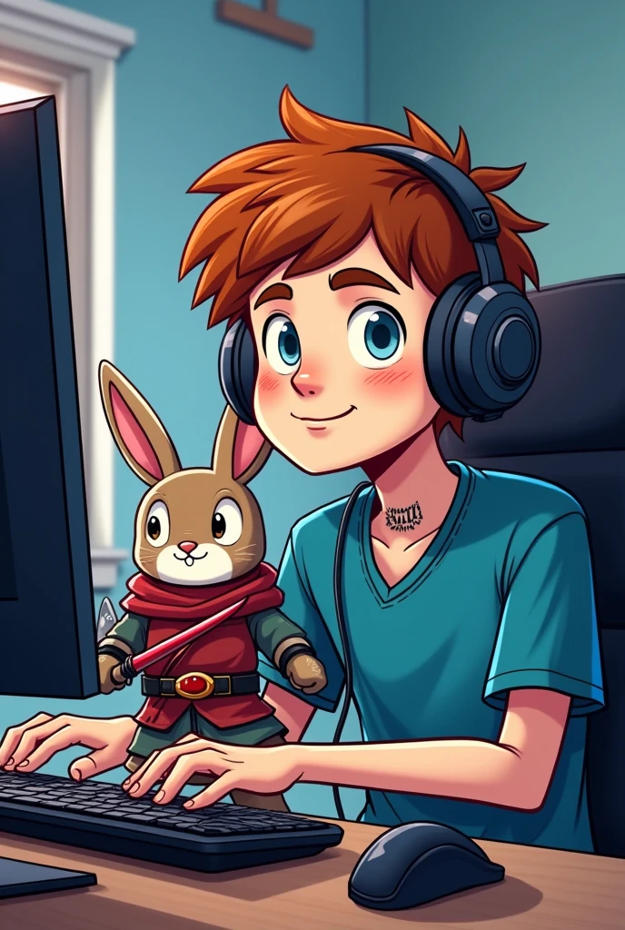 A game guy doing live on the computer, offwhite, chestnut hair, nose a little big, no beard, Youngh, appearance of with 1 small and unique tattoo on the neck written " GN9 ", and with a ninja rabbit holding two swords by his side as his pet. make comic book style