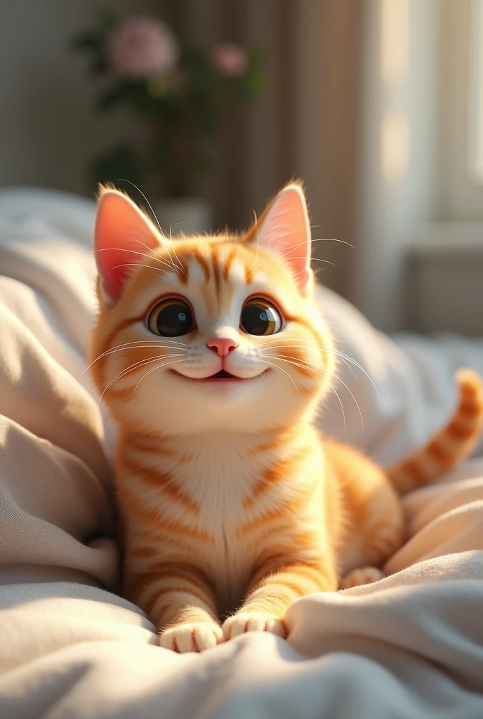 I want a smiling cat on a bed 