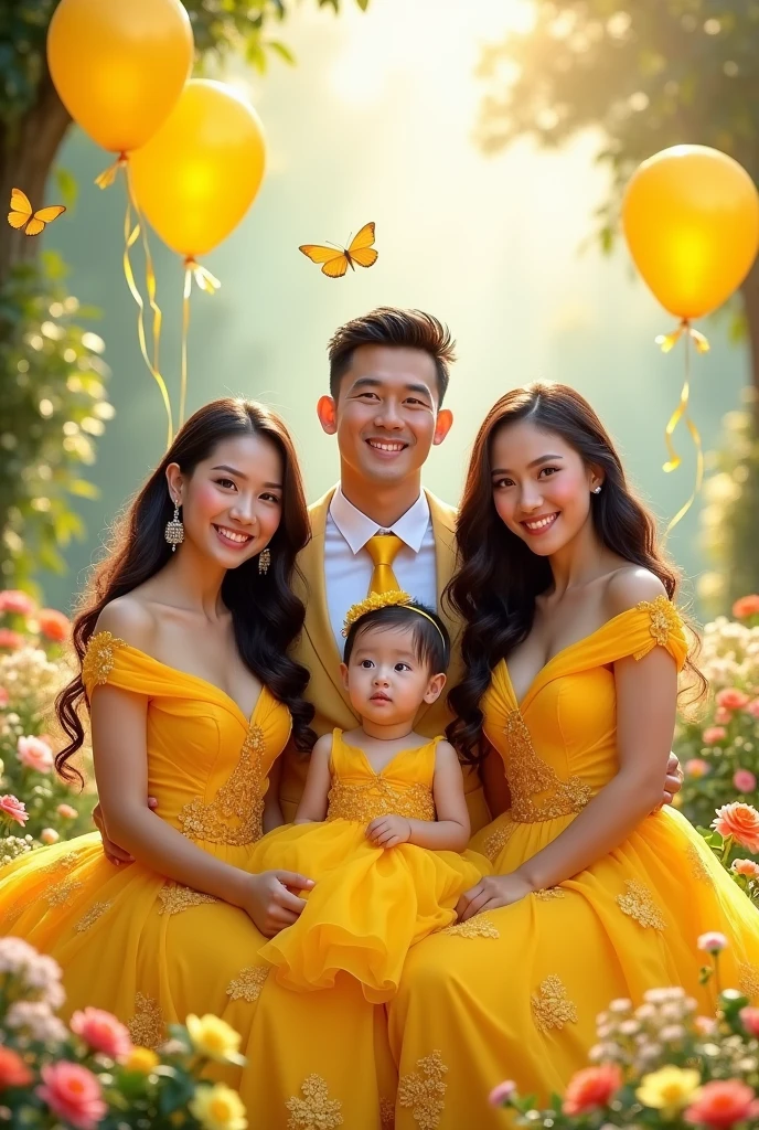 Real Pinay pinoy family pic women beautiful with ballgown yellow and daughter  girl  1 yearh ballgown yellow and man handsome with attire and boy 6 years old witwith flowers baloons butterflies 