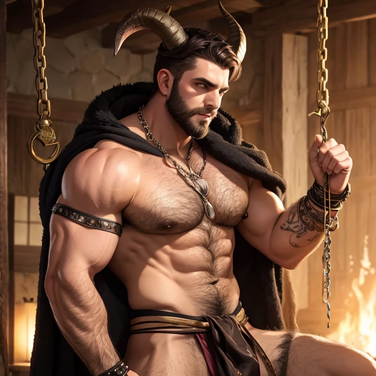 Glowing Tattoos, piercings, 8K details, atmospheric light, ((male only)), ((natural body hair)), (handsome big eyes), hairy arms, hairy chest, moaning with eager eyes, pink skin, twisted horns, forked tongue, dressed in chains, pointed tail, pointed ears, spiked buzzcut, leather bracers, detailed silk vest, high-heels boots, torn loincloth bulge, tight shredded robes