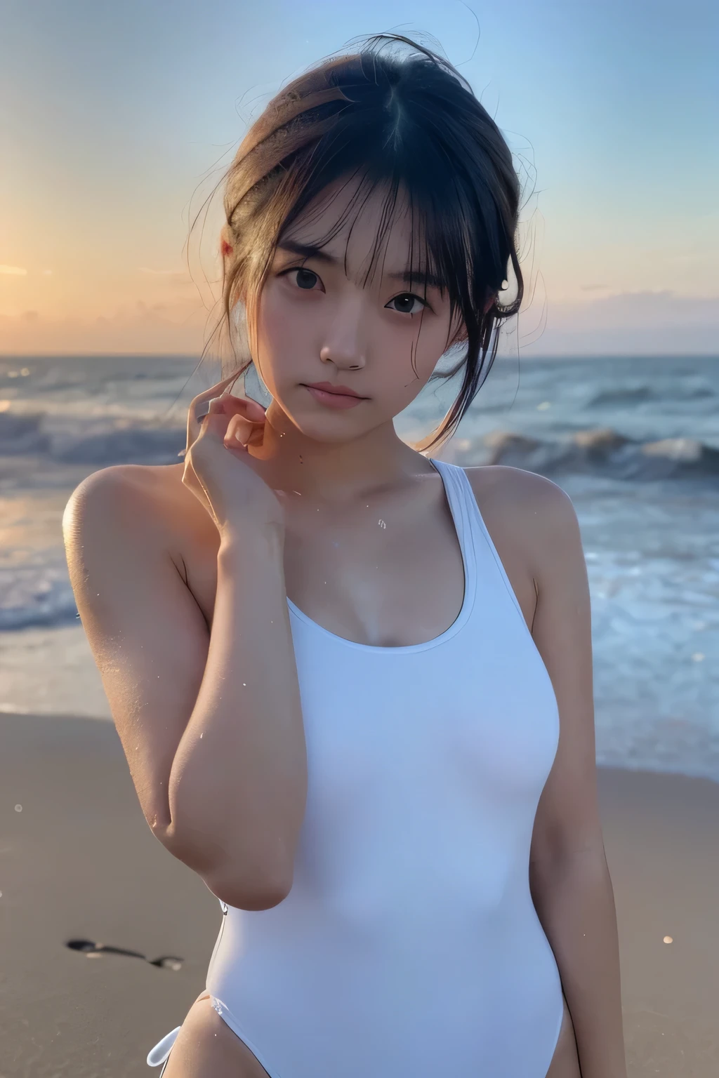 Hair blowing in the wind、Sweaty skin、Sweaty hair、Wet clothes、Coast at dusk,A cute girl with a face like a Japanese idol, Short Hair, Skinny body、athlete、(Cinema Lighting),(Natural light),(High level of artistry),(artistic),(Indistinguishable quality from the real thing),{{RAW Photos}},{{Genuine}},High resolution,masterpiece, beautiful, Handsome Tomboy, Looks like a salon model, Cool face,  (nsfw),、Puzzled、shame、sleepy、(Spoiled:1.4), Cowboy Shot、Wet, tight one-piece swimsuit、School swimsuit that clings to the body, Sexy model posing、