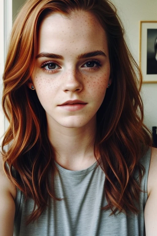 Face de Emma Watson, Selfie, 1 girl in, 19yearsold, standing alone, aesthetic art, irish redhead, wavy red hair, shoulder length red hair, (grey-eyed), light gray eyes, some small freckles, pale skin, A glass, breasts small, runner&#39;s body, Detailed texture skin, (extremely detailed 8k wallpaper), soft lighting, high qualiy, film grain, Sharp focus Fujifilm XT3, f5.6, 50mm, high détail, sharp focus,(naturallight), (wearing a pink sports well), sports well, (pink yoga pants), crazy details, complexdetails, hyper detailled
