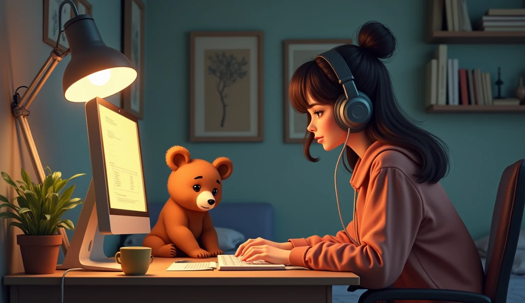 I need an image where a young woman studies inside her room with headphones and a table with a computer and there is a bear cub next to her. 