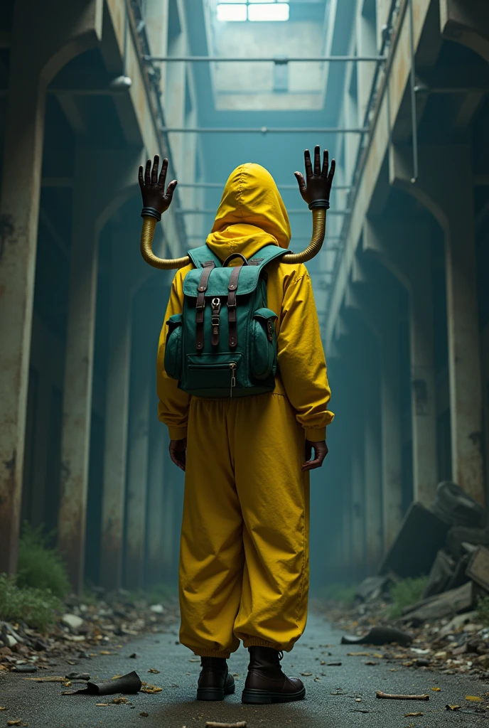 Dark fantasy A man in yellow with no face and a grabpack with two arms with hands, one blue hand and one green hand in Abandoned factory
