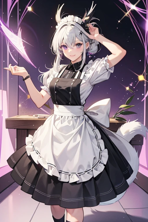  Sage is a light grey skunk with black and white hair and tail.
 She wears a checkered top with a white apron what extends into her skirt with a flower design.
 She comes with a salmon headpiece and purple shoes. SPARKLE; GLITTER