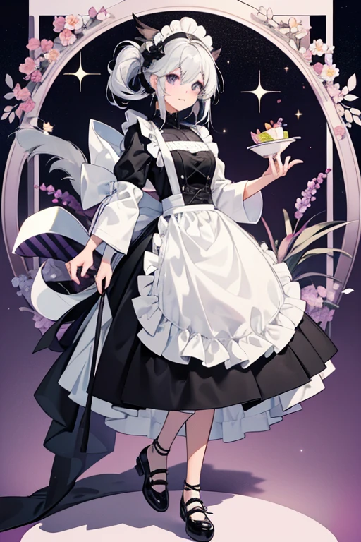 Sage is a light grey skunk with black and white hair and tail.
She wears a checkered top with a white apron what extends into her skirt with a flower design.
She comes with a salmon headpiece and purple shoes. SPARKLE; GLITTER