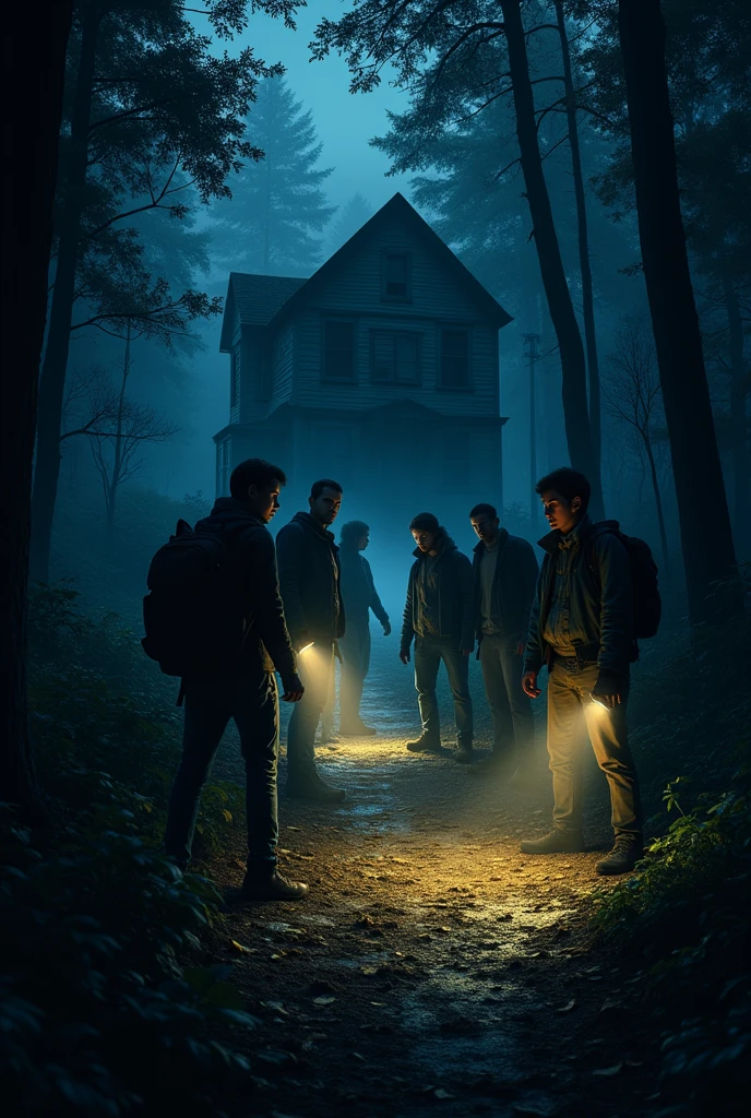 put several people with flashlights who seem to be looking for someone in a forest with a house very dark at night