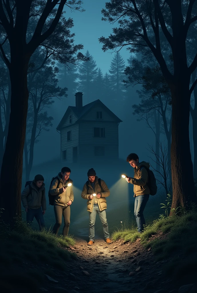 put several people with flashlights who seem to be looking for someone in a forest with a house very dark at night
