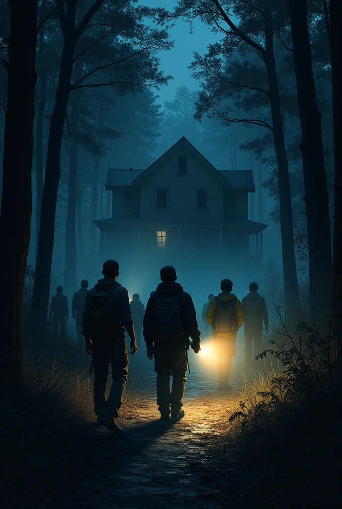 put several people with flashlights who seem to be looking for someone in a forest with a house very dark at night
