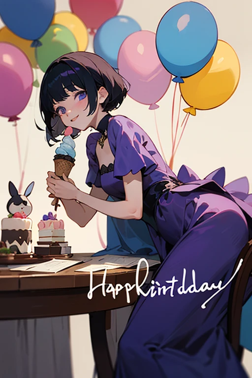Please Generate a painting for my friends birthday in anime style with birthday background with balloons and flowers in peaceful restaurant. There's a cat and bunny sitting on the floor too. I want a girl with bob black hair, she's wearing beautiful shimmering purple gown, Smiling, holding 21 purple rose bouquet, Infront of her vintage purple cake in the table and more cookie, ice cream, a purple journal. She loves writing in dairy, She loves bts. Put some bt21 character plushie in that table, army bomb light too! Happy birthday banner on top of the picture.