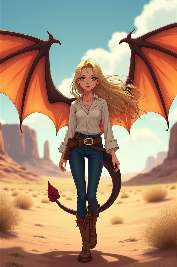 realistic anime girl, masterpiece, real life, 1girl, cute teenager, blonde hair, beautiful eyes, cowgirl hat, desert dragon wings, desert dragon, full body, full body, white shirt, dark blue pants, boots, opened wings, western view,