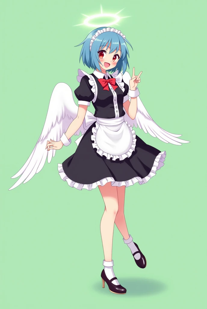 Maid cafe maid with short blue hair, Red eyes, a sensual and happy expression, age range between 18 and 26 years, with angel wings, black uniform, anime style completely in 2D, with pastel colors, with a completely flat and green background