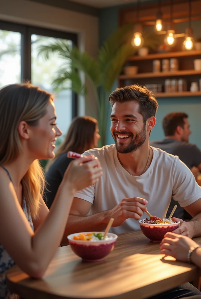Man and realistic girlfriend , At the acai shop ,blonde hair eating acai , with friends Ultra HD, high qualiy, best qualityer, high resolution, 8k, 16K