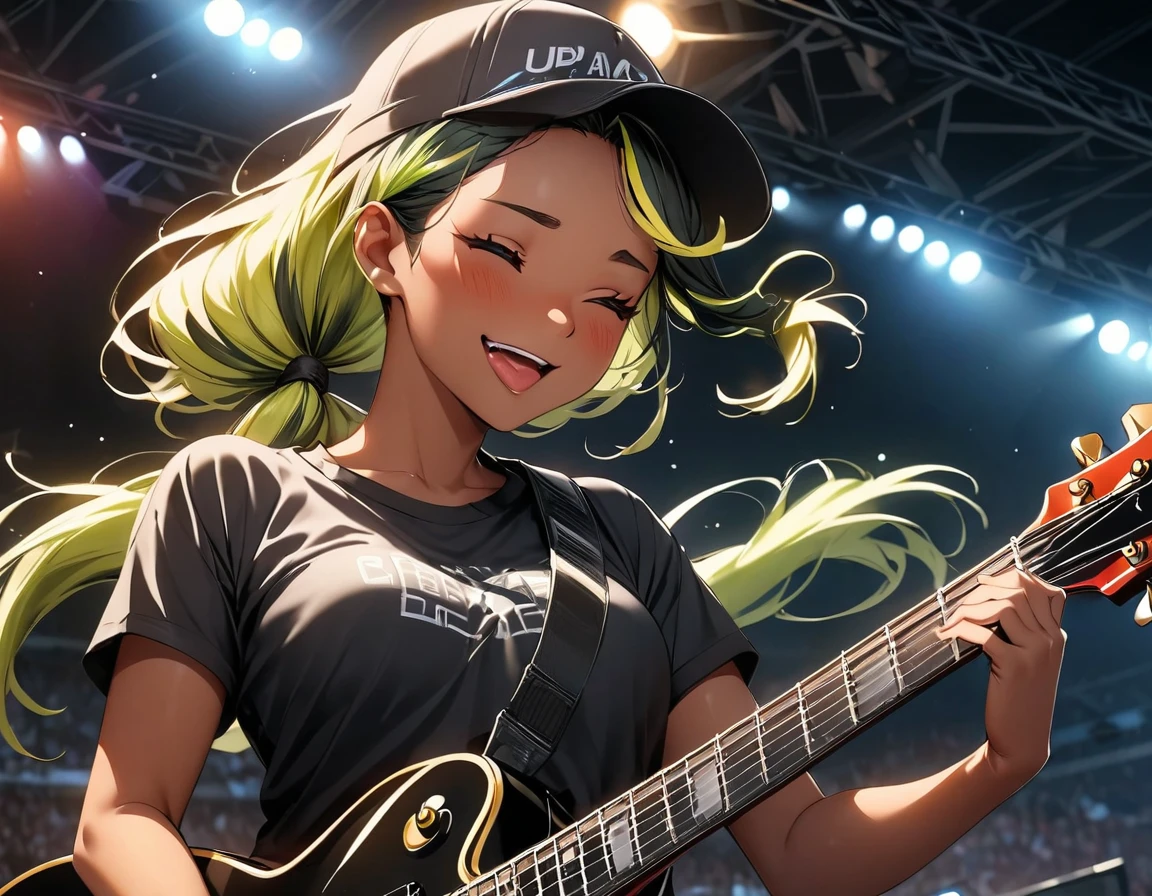 (highest quality:1.2, Very detailed, up to date, Vibrant, Ultra-high resolution, High Contrast, masterpiece:1.2, highest quality, Best aesthetics), Portraiture、girl、((25 years old:1.5)), (slim:1.2), 25-years-old, (black trucker cap:1.3), (black t-shirt), jeans, Bright colors、Beautiful fine details、Beautiful lip detail、long hair, (low ponytail:1.3), white and yellow green ((streaked hair:1.6)), highlights hair: 1.5, (small breast,:1) (tan skin:1.2),Playing guitar, Electric guiter、Gibson Les-Paul, happy, embarrassed, ((tongue out:1)), Rehearsing for a concert:1, on stage, ((upper body:1.5)),